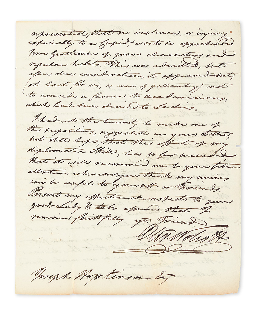 WOLCOTT, OLIVER; JR. Autograph Letter Signed, Oliv: Wolcott, to PA lawyer and President of the Academy of Fine Arts Joseph Hopkinson,